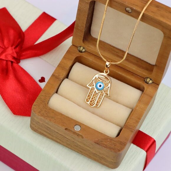 "Rose Gold Hamsa Hand Pendant with Blue Evil Eye and Filigree Design, XPPT1483 - Picture 9 of 12